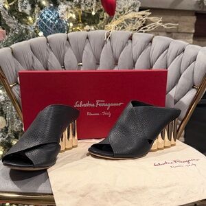 Salvatore Ferragamo Black Mules with Gold Heels